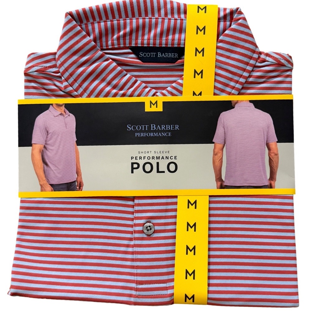 Scott Barber Performance Business Casual Polo Med Red Blue Striped Short Sleeve